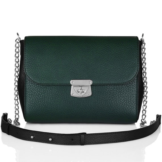 Dark green genuine leather woman shoulder bag, dark green genuine ...