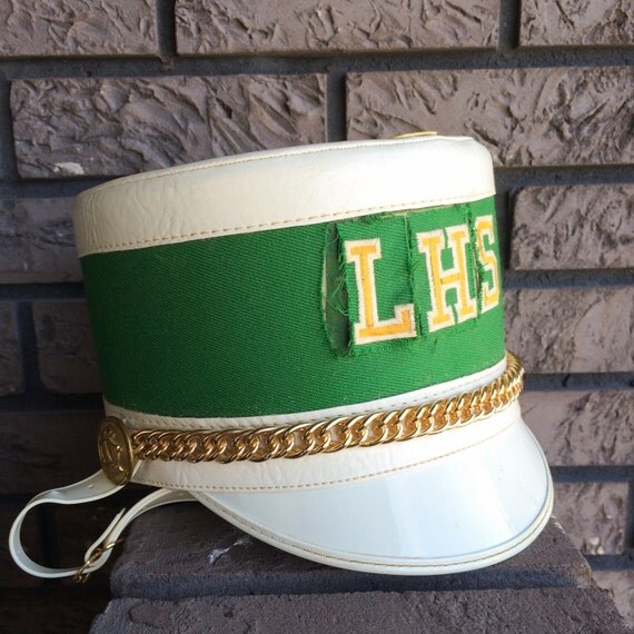 Vintage 1987 High School Marching Band Hat Green and Gold
