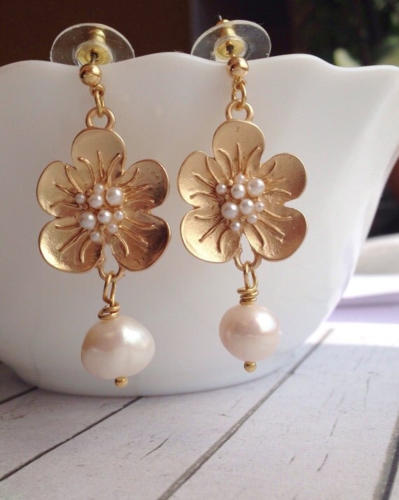 Gold Pearl Earrings Flower Bridal Earrings By Simplyagem On Etsy