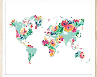 2 grote wereld kaart Poster blauw paarse aquarel wereldkaart