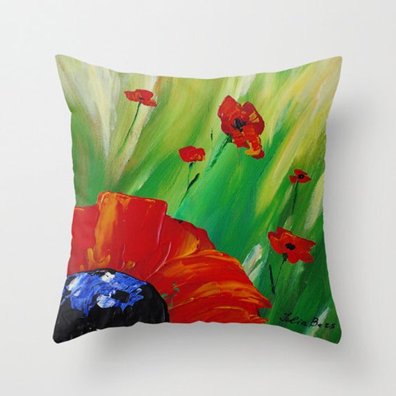 Poppy Pillow Cover Red Pillow Green Pillow Floral Pillow