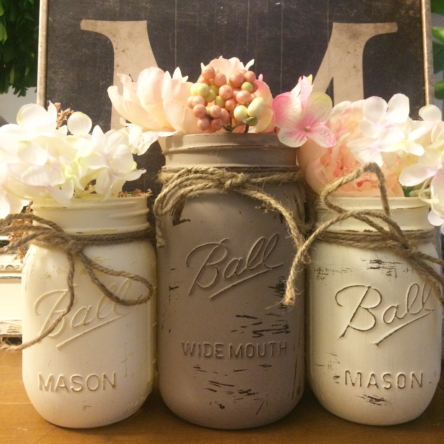 Painted Mason Jars Distressed Jars Shower Centerpieces