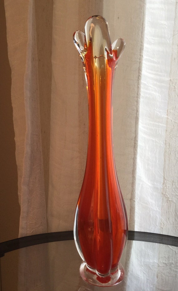 Art Glass Tall Narrow Orange Blown Glass Vase Free Form