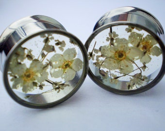 Plugs Floral Real Flower Ear Gauge Wedding Bridal White Cream Floral Handmade Unique Ear Tunnels MADE TO ORDER by HandmadeAt62