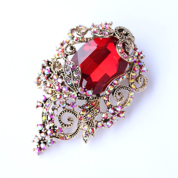 Red Brooch Victorian Broach Crystal Red Broach Gold Red