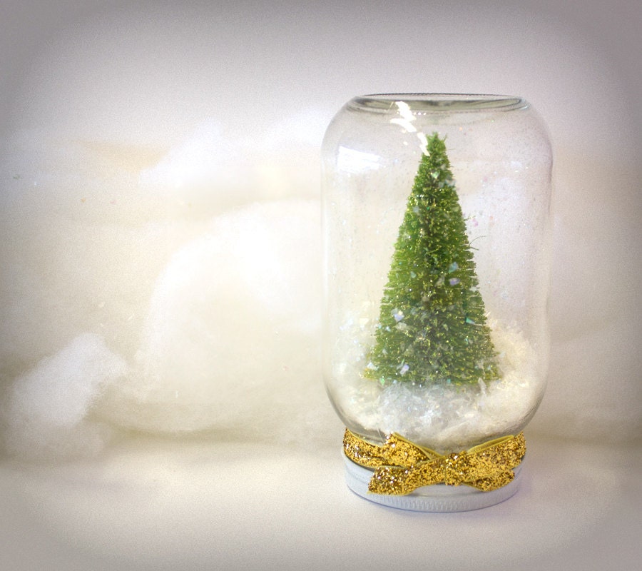 Lime Green and Gold Dry Snowglobe Pint Jar Sparkly Home Decor Christmas Glitter Glimmer Snow Waterless