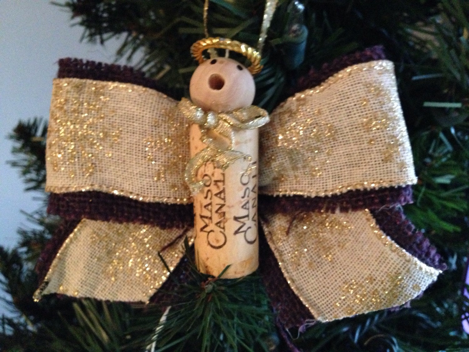 Glamorous Wine Cork Angel ornament with purple burlap and gold