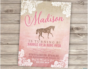 Printable Rustic Lace Horse Birthday Invitations Shabby Chic Country Cowgirl Theme Party girl Rustic Modern Download Invitations NV4001