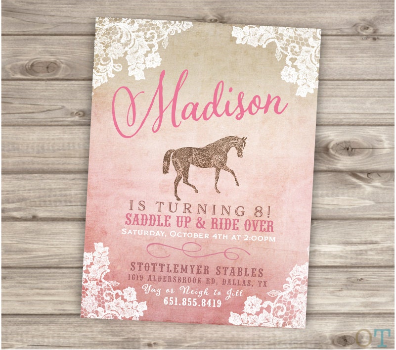 Printable Rustic Lace Horse Birthday Invitations Shabby Chic