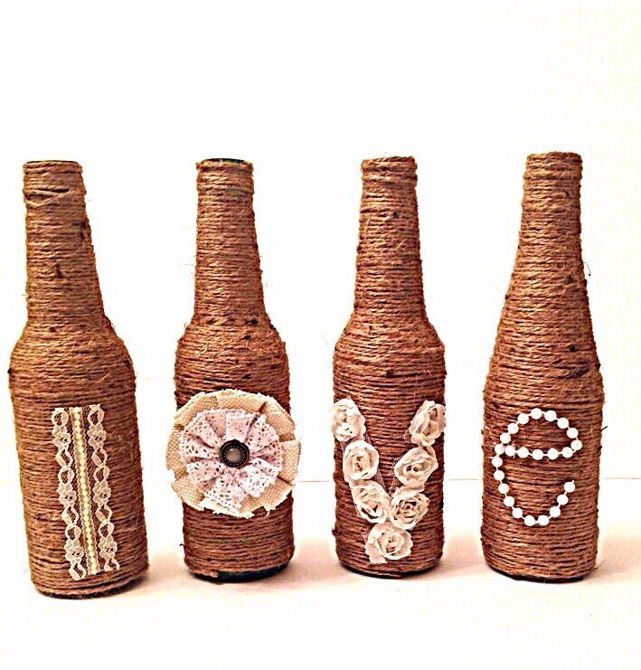 Twine wrapped love bottles wrapped bottles wedding by Fourgirlsfun