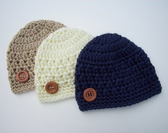 Newborn Hat, Pick 1 Hat, Baby Boy Beanie, Tan Off-White Navy, Newborn Photo Prop, Baby Boy Hat, Boy Hat, Baby Hat, Crochet Baby Hat