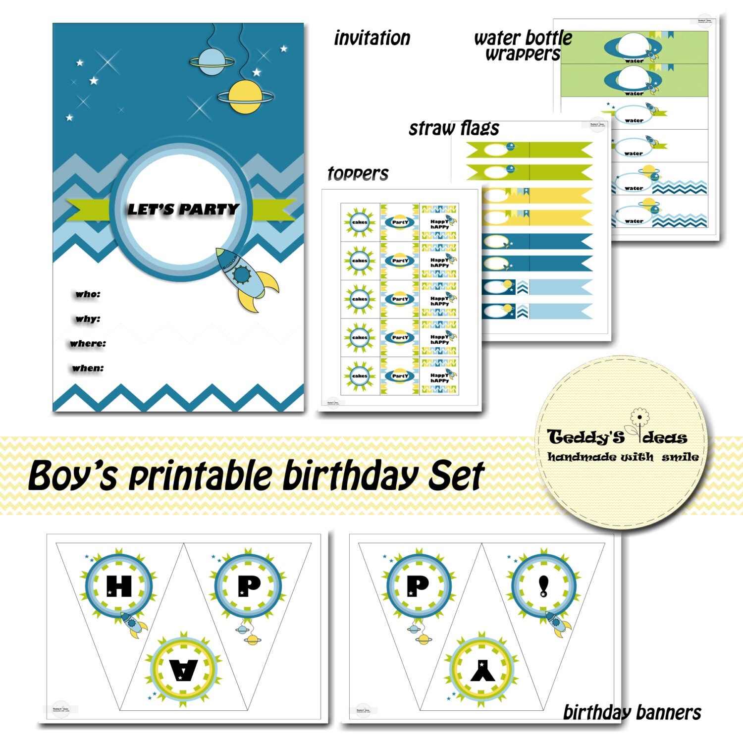 Boy's printable birthday set by TeddysIdeas on Etsy