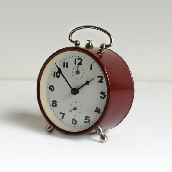 Vintage Alarm Clock 60s Dark Red Working