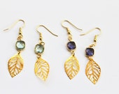 Gold Leaf Earrings - Amethyst Earrings, Light Green Earrings, Gemstone earrings, Purple Stone Earrings, Green Stone Earrings