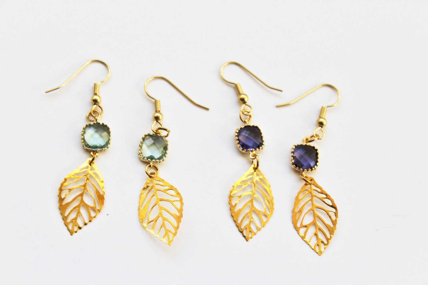 Gold Leaf Earrings, Dangle Leaf Earrings, Amethyst Earrings, Light