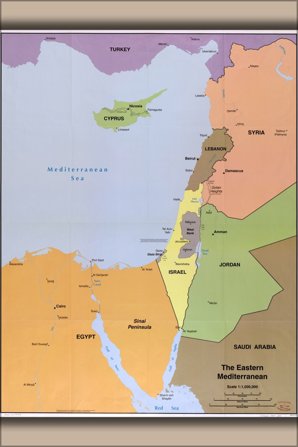 24x36 Poster Cia Map Of Egypt Israel Syria Jordan 1997