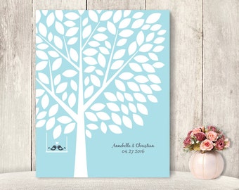 Wedding Guest Book Alternative Poster / Guest Tree on Powder Blue, Love Birds / "Leaving Wishes" 100 ▷ Printable File {or} Printed & Shipped