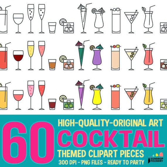 Items similar to Clipart Cocktail Hour Set Wine glasses, tumblers, cool drinks