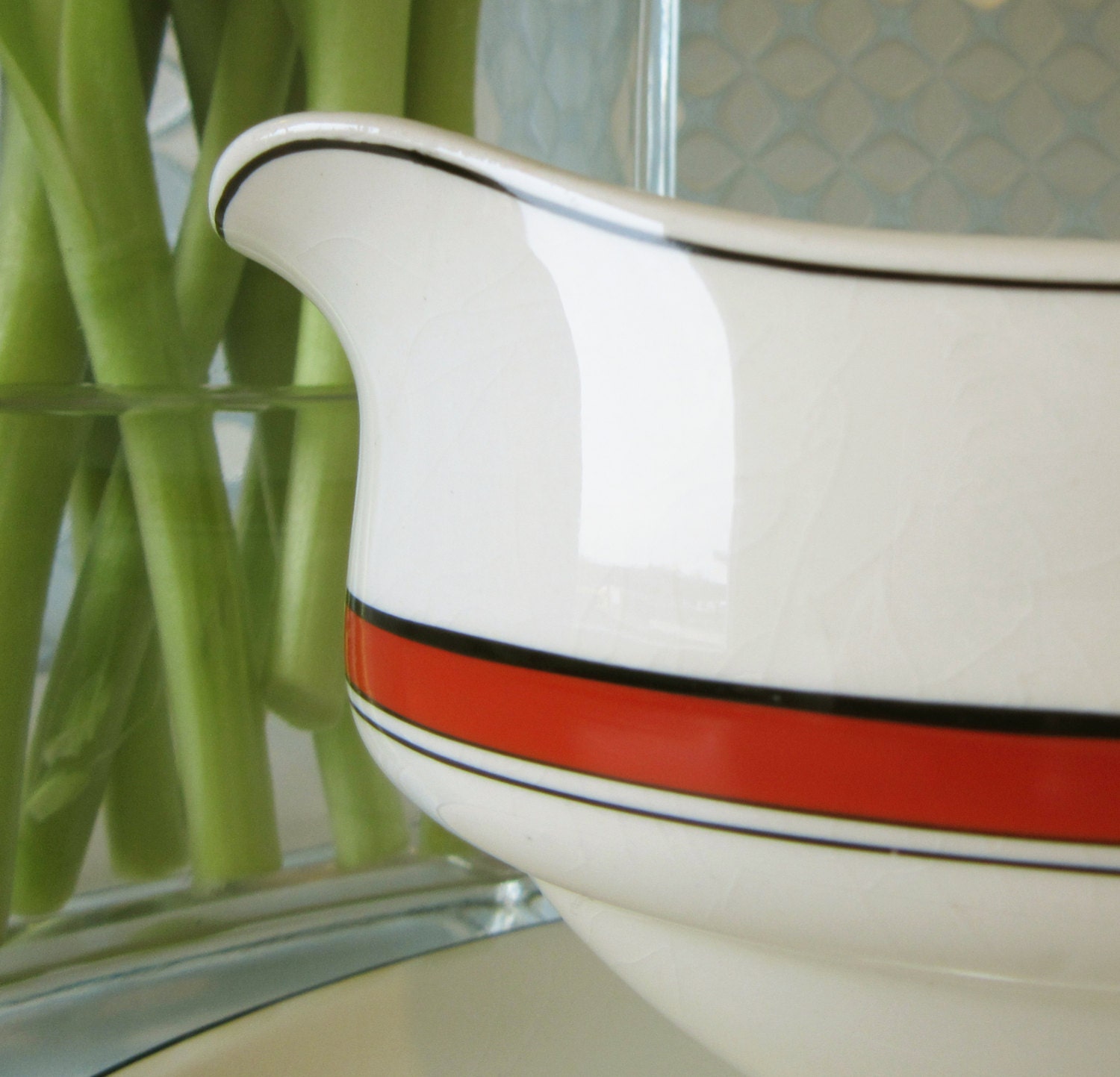 Vintage Ceramic Gravy Boat Ivory white with a red band and black