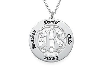 Silver Family Necklace, Personalized Mothers Necklace, Mom Jewelry, Monogram Family Necklace, Disc Necklace, mother daughter necklace