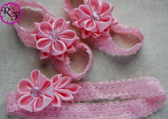Baby barefoot sandals and baby headband , Kanzashi flower headband for ...