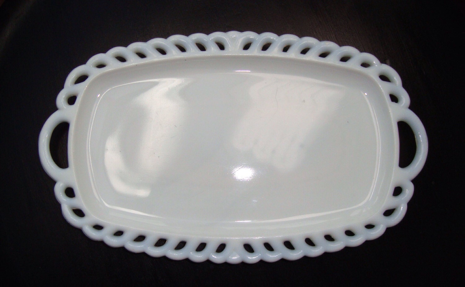 Vintage Milk Glass Small Oval Platter with Handles and Lace Edging