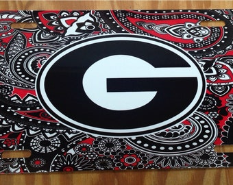 UGA Georgia bulldogs red black paisley metal car tag university of georgia new license plate
