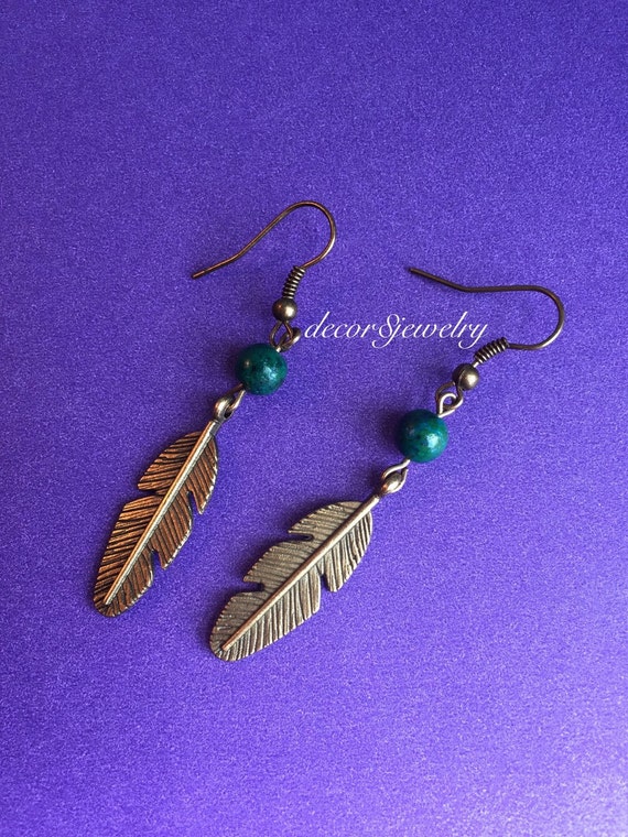 Bronze Feather Earrings with Forest Green Beads
