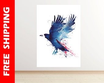Blue crow wall decal, crow wall sticker watercolor art, crow decal, crow decor, crow print large poster bird artwork by Robert Farkas RF34