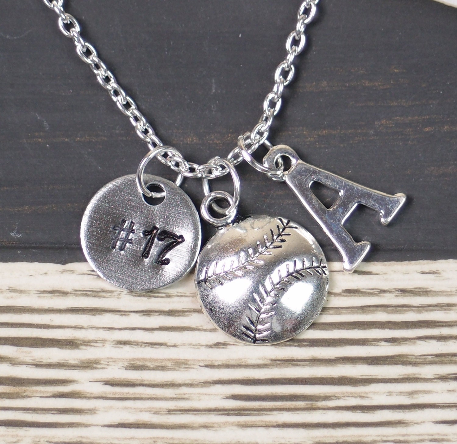 initial necklace baseball necklace with hand stamped player