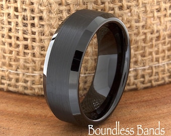 Wedding Tungsten Band Black Brushed Beveled Edges Ring Custom Laser Engraved Tungsten Anniversary Ring Couple Ring Mens Ring 8mm Band New