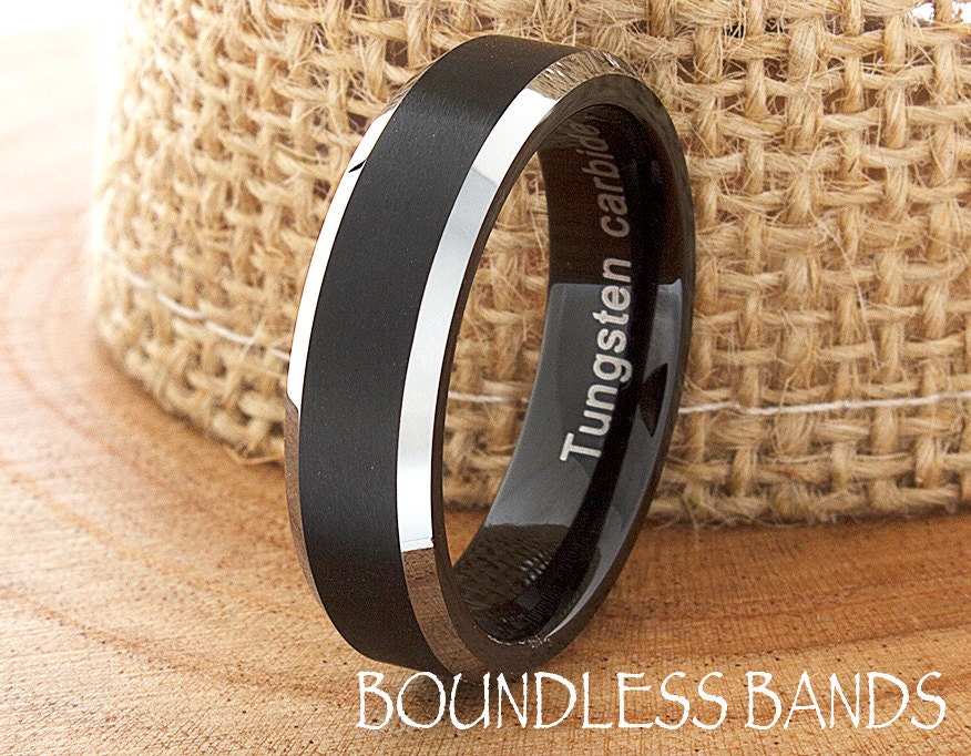 Tungsten Band Black Beveled Edges Custom Laser Engraved Tungsten Anniversary Ring Couple Wedding Ring Mens Ring 6mm Brushed Black Tungsten