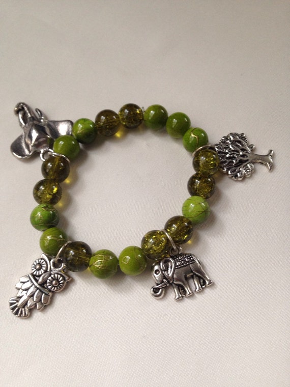 Green charm bracelet Earthy glass crackle by MyPrettyBeadedThings