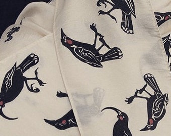 Huia birds pure silk scarf, LONG version in Creamy Ivory silk.