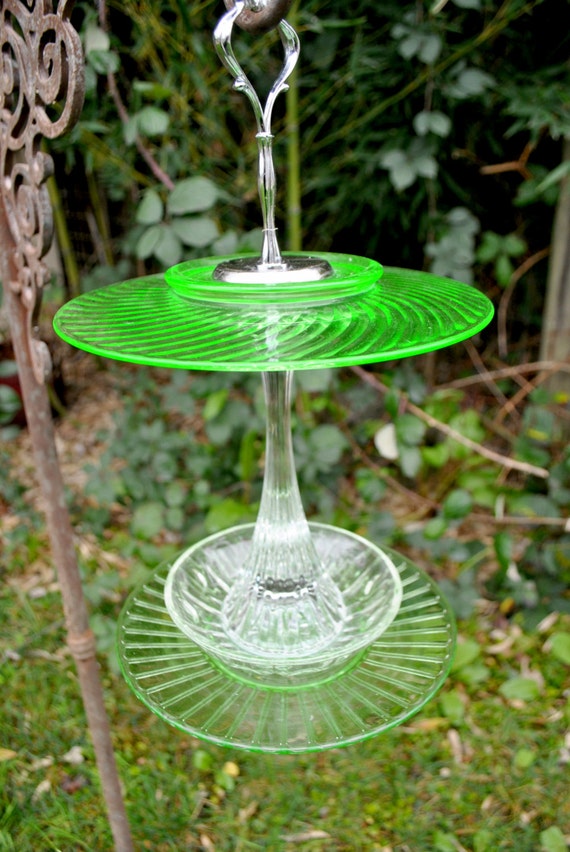 Hand made glass bird feeder from vintage glassware