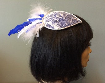 Blue and white toile hair fascinator