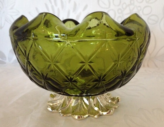 Indiana Glass "Duette" Pattern Footed Glass Bowl with Etched Leaf Design Base 1950-1970