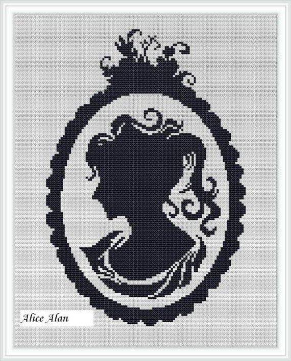 Cross Stitch Pattern Silhouette girl in oval frame monochrome