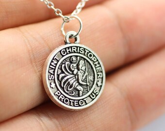 Silver St Christopher Charm Necklace - Pendant Patron Saint Catholic Religious