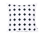 Swiss Cross Pillow,  Plus Sign Pillow, Scandinavian Design, Black Cross Pillow Cover, Handprinted Fabric, Black and White, 18x18 inch