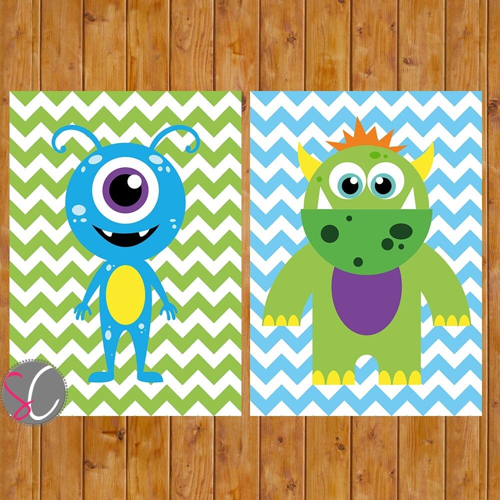 Monster Wall Art Decor Nursery Childs Boys Room Green Blue