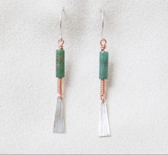Oboe Reed Earrings Silver Copper and Jade by terryfic on Etsy