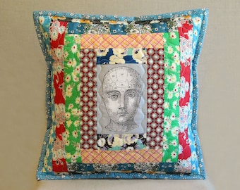 Quilted Pillow - Courthouse Steps with Phrenology Head - Feedsack & Novelty Prints