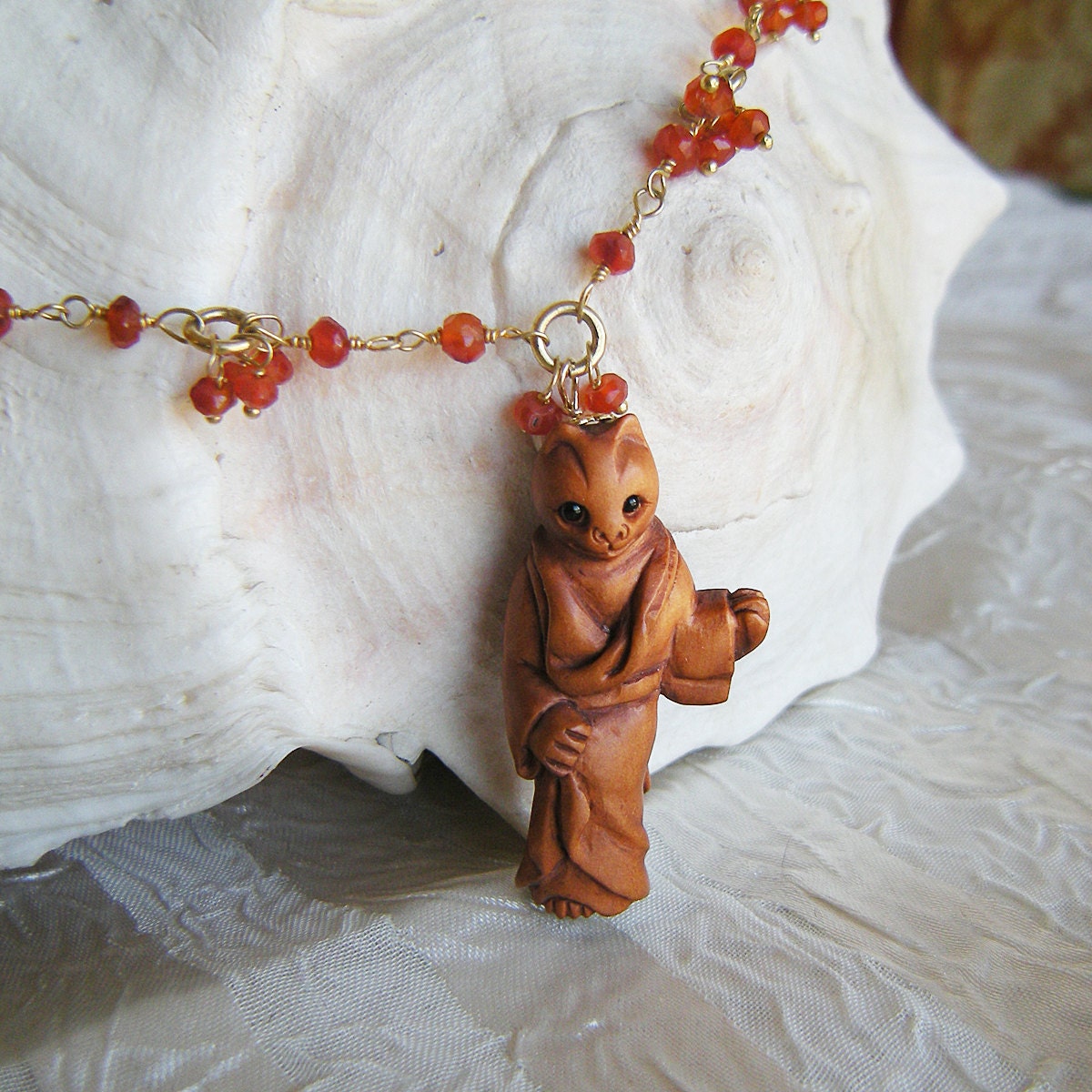  PROSPERITY CAT  Ojime Bead and Carnelian Necklace