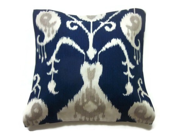 Decorative Pillow Cover Navy Blue White Taupe Ikat Design Same