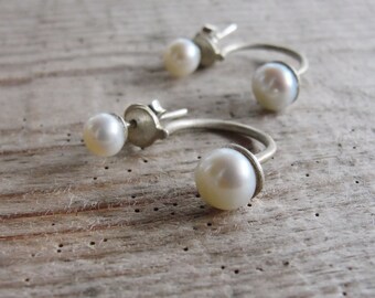 Sterling silver Double Pearl Earrings Pearl Ear Jacket Modern Pearl studs