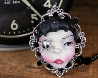 Original Cameo Sculpture Steampunk Bat Girl Necklace Pop Surrealism