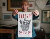 Raccoon High Five Linocut, Typography with Raccoon, White, Black and Red, High Five Lino Block Print