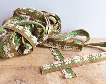 Daisy Flower Trim, 2 Yards Green Vintage Sewing Trim, Cute Floral Trim, Woven Ribbon for Sewing