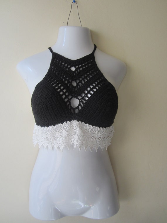 Black Crochet halter top LACE TRIM HALTER top by Elegantcrochets